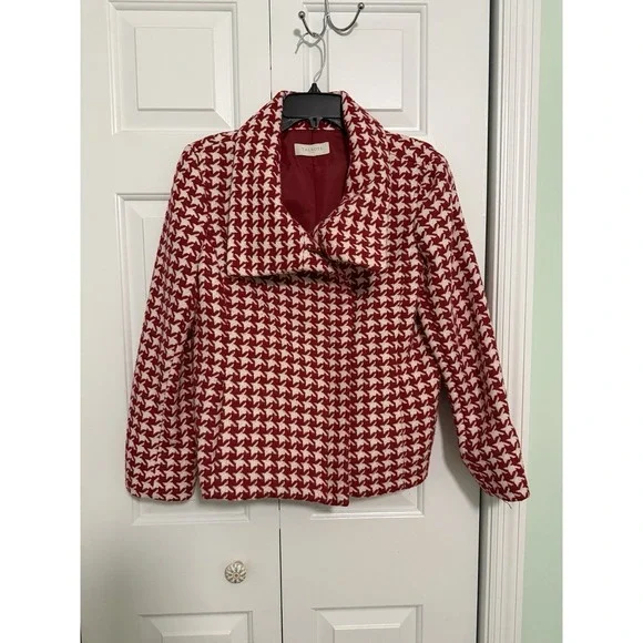 Talbots Moto Red White Houndstooth Wool Zip Up Jacket Size 10 Coat - Picture 4 of 9